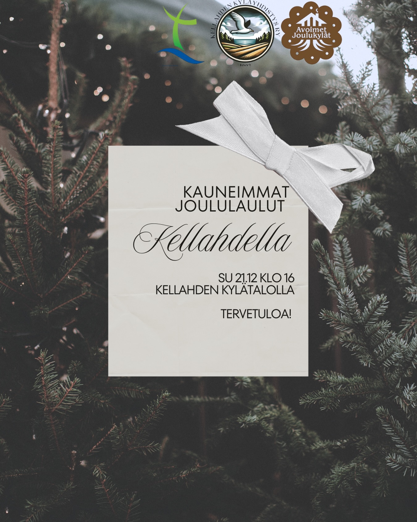 Tervetuloa kauneimpiin joululauluihin!🎶

📅 Su 21.12 klo 16

📍 Kellahden kylätalo, Kellahden rantatie 23

👥 Järjestää: Kellahden kyläyhdistys ry & Meri-Porin seurakunta

☕️tarjolla kahvia, teetä & mehua