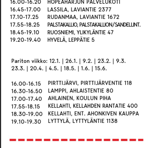📚🚍 Kirjastoauto Ursula – aikataulumuutos!

Huomio Kellahden asukkaat!
Kirjastoauto Ursulan käynti kylällä siirtyy maanantaiksi.

📍 KELLAHTI
Ent. Ahonkiven kauppa
(= Kellahden Kartanon pysäkki)
⏰ klo 18.30–19.00

➡️ Lisäksi varttia aiemmin pysähdys osoitteessa:
📍 Kellahden Rantatie 400
⏰ klo 18.15–18.30

🗓 Pariton maanantai
📅 Käyntipäivät:
12.1. | 26.1. | 9.2. | 23.2. | 9.3.
23.3. | 20.4. | 4.5. | 18.5. | 1.6. | 15.6.

Tervetuloa lainaamaan, palauttamaan ja moikkaamaan kirjastoautoa! 📖✨