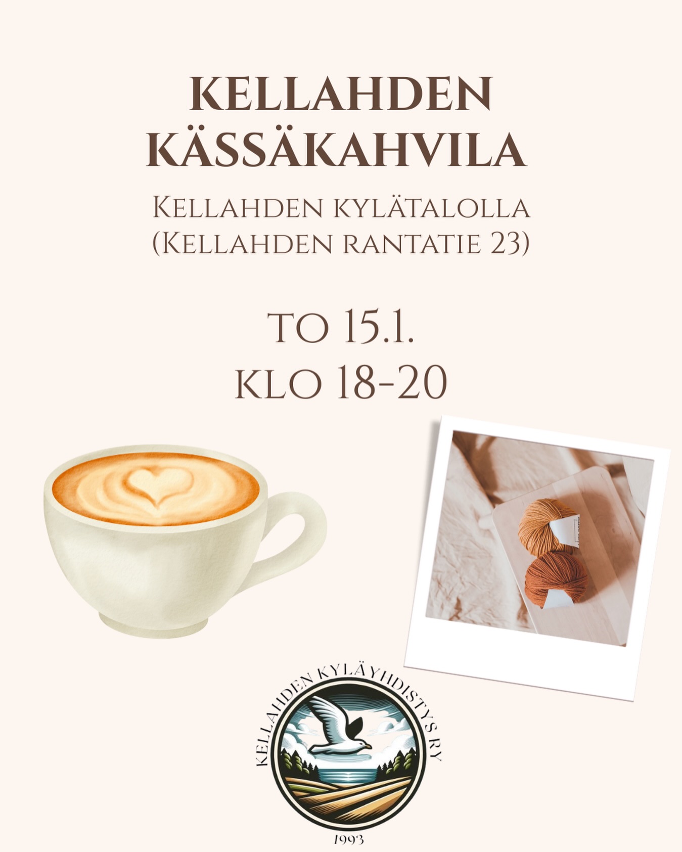 Vuoden ensimmäinen kässäkahvila torstaina!☕️🧶

📅 to 15.1 klo 18-20

📍 Kellahden kylätalo, Kellahden rantatie 23

👥 Järjestää: Kellahden kyläyhdistys ry

✨ Tule kässäkahvilaan viettämään mukavaa iltaa käsitöiden, jutustelun ja kahvin/teen parissa! Ota oma työ mukaan tai inspiroidu muiden ideoista – tekemisen ja yhdessäolon ilo on tärkeintä. Kässäkahvila on itsessään maksuton (pieni kahvi/teeraha) ☺️✨

☕🍵 Tarjolla pientä ostettavaa kahvin, teen sekä Tripin/mehun kera. Lisäksi myynnissä on Kellahden omat kyläteet kahdessa maussa – maista tai vie kotiin!

📚 Myös kyläkirjasto on avoinna – tule lainaamaan, palauttamaan tai tekemään uusia löytöjä.

Tervetuloa mukaan!💚

#kellahti #kellahdenkylätalo #kässäkahvila #kylätee #kyläkirjasto