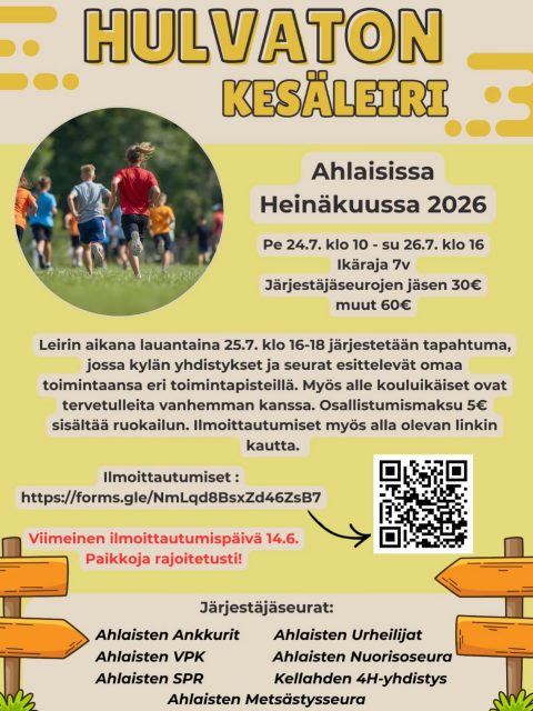 Kesän hulvattomin viikonloppu odottaa! ☀️
Liikuntaa, leikkejä, yhdessä tekemistä ja kavereita – tästä syntyy kesämuistoja, joita muistellaan vielä pitkään 🤩
Tuu mukaan kokemaan leiritunnelma ja nappaa kaverikin mukaan!
Ilmoittautumiset:
https://forms.gle/F2KM3npNSFsWcYp1A