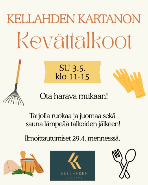 🌿 Tervetuloa Kellahden Kartanon kevättalkoisiin! 🌿

Kevät on täällä – nyt on täydellinen hetki laittaa yhdessä paikat kuntoon ja nauttia yhteishengestä!

📅 3.5. klo 11–15
📍 Kellahden kartano (Kellahdentie 500)

Ota mukaasi harava, ja jos sinulta löytyy raivaussaha, sillekin on käyttöä!

Talkoopäivän päätteeksi on mahdollisuus päästä rentoutumaan saunaan – muistathan ottaa oman pyyhkeen mukaan. 🧖‍♀️

📩 Ilmoittaudu mukaan viimeistään 29.4.
nina.kelter@kellahdenkartano.fi tai 📞 044 902 8975

🍽️ Tarjoiluja varten ilmoitathan myös mahdolliset erityisruokavaliosi.

Tule mukaan tekemään hyvää yhdessä ja nauttimaan keväisestä tunnelmasta!

@kellahdenkartano 

#kellahti#kellahdenkartano #talkoot