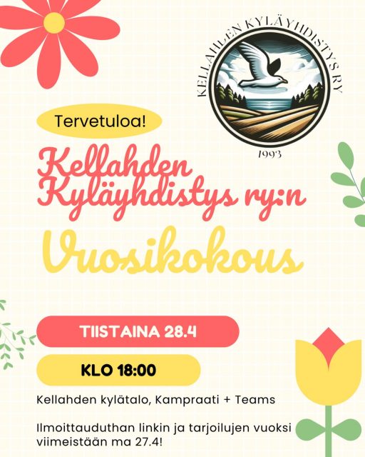 Kyläyhdistyksen vuosikokous tiistaina 28.4 klo 18:00 hybridikokouksena. Ilmoitathan tulostasi viimeistään edellisenä päivänä (kellahdenkylayhdistys(at)gmail.com, jotta osaamme lähettää linkin tai varautua riittävin kastamisin!😊

#kellahti #vuosikokous #kyläyhdistys