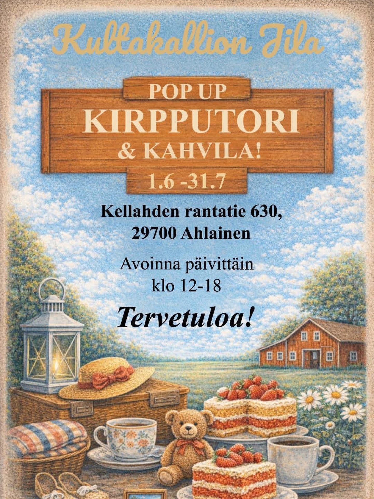 Kellahdella aukeaa Kultakallion tilan kesäkahvila sekä pop up kirpputori 1.6-31.7.2026. 

🕛 Avoinna joka päivä klo 12–18

📍 Osoite: Kellahden rantatie 630, 29700 Ahlainen

📞 Lisätiedot: 050 3734675

Lämpimästi tervetuloa tekemään löytöjä ja nauttimaan kahvilan herkuista!

#kellahti #kirpputorilöytöjä #kesäkahvila