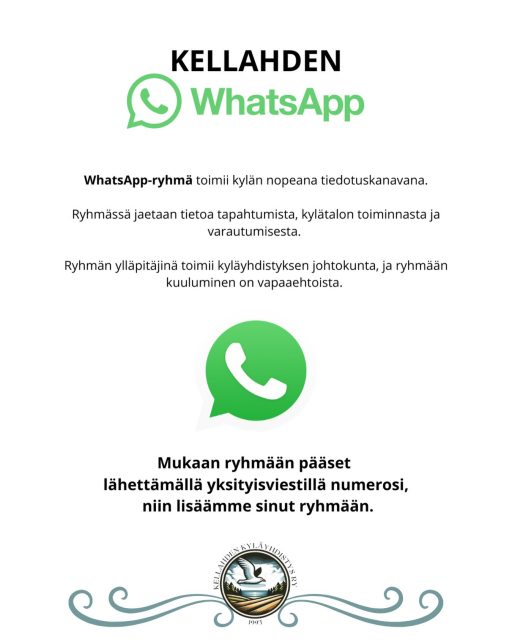 📲 Oletko jo Kellahden WhatsApp-ryhmässä?

Ryhmä toimii kylän nopeana tiedotuskanavana:
📢 tapahtumat
📢 kylätalon ajankohtaiset asiat
📢 kylän tiedotteet
📢 varautumiseen liittyvät asiat

Liity mukaan ja pysy ajan tasalla kylän tapahtumista!

Halutessasi kylän yhteiseen WhatsApp-ryhmään laita yksityisviestillä numerosi, niin lisäämme sinut ryhmään.

#kellahti #kyläinfo #whatsap #yhteisöllinenkylä