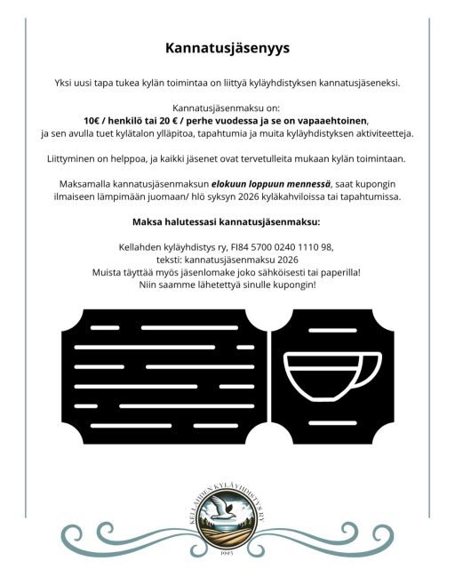 ❤️ Tue Kellahden kylän toimintaa ❤️

Voit liittyä kyläyhdistyksen kannatusjäseneksi:

👤 10 € / henkilö
👨‍👩‍👧 20 € / perhe

Tuellasi autat:
🏡 kylätalon ylläpidossa
🎉 tapahtumien järjestämisessä
🌿 kylän yhteisen toiminnan kehittämisessä

Elokuun loppuun mennessä maksaneet saavat kupongin ilmaiseen lämpimään juomaan syksyn tapahtumiin ☕✨

#kellahti #kannatusjäsen #kellahdenkyläyhdistys #yhdessähyvää