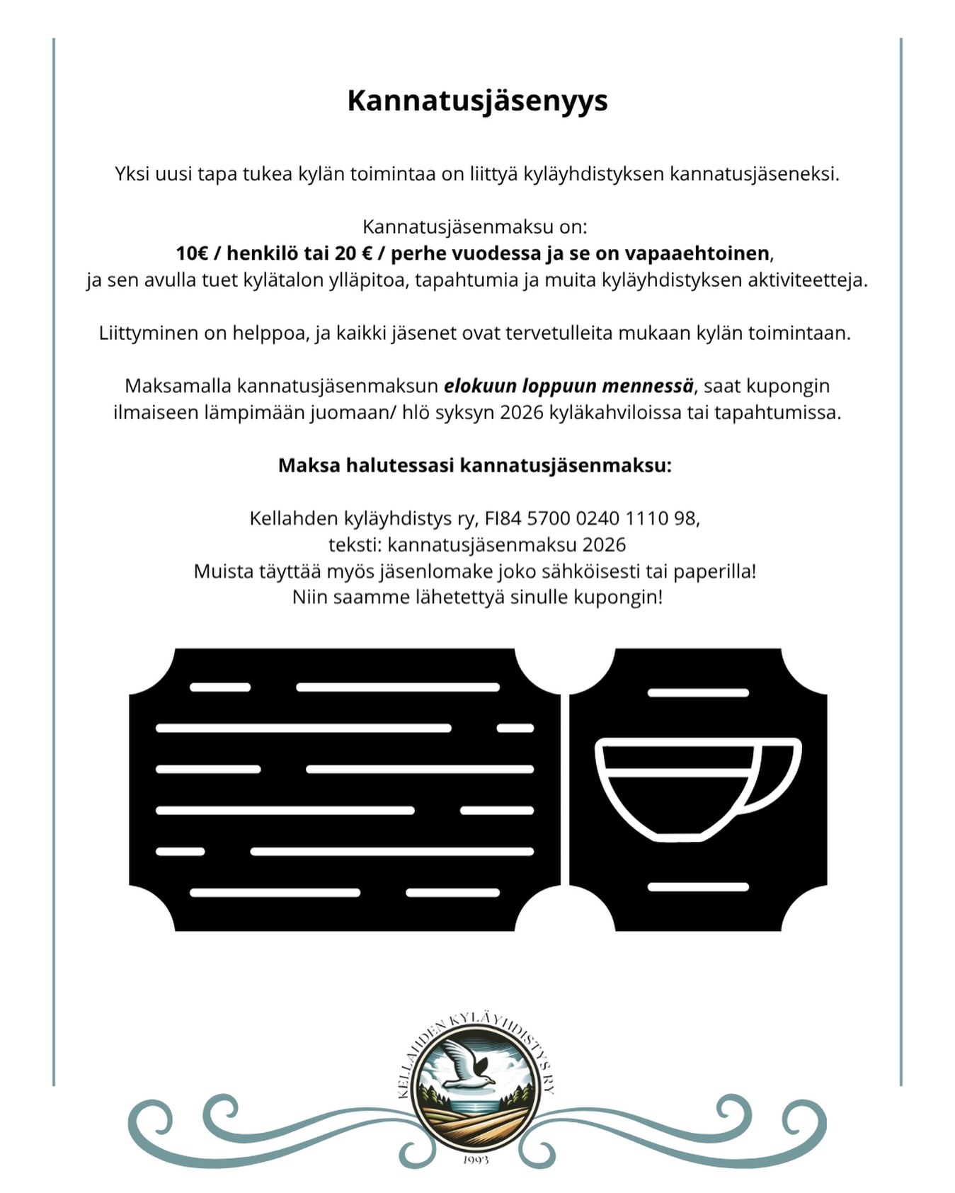 ❤️ Tue Kellahden kylän toimintaa ❤️

Voit liittyä kyläyhdistyksen kannatusjäseneksi:

👤 10 € / henkilö
👨‍👩‍👧 20 € / perhe

Tuellasi autat:
🏡 kylätalon ylläpidossa
🎉 tapahtumien järjestämisessä
🌿 kylän yhteisen toiminnan kehittämisessä

Elokuun loppuun mennessä maksaneet saavat kupongin ilmaiseen lämpimään juomaan syksyn tapahtumiin ☕✨

#kellahti #kannatusjäsen #kellahdenkyläyhdistys #yhdessähyvää