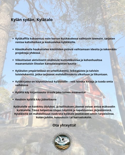 🏡 Kellahden kylätalo – kylän sydän 🏡

Kylätalolla tapahtuu ympäri vuoden!
☕ Kyläkaffila
🧶 Kässäkahvila
💪 Kuntoliikunta ja kehonhuolto
📚 Kyläkirjasto
⛸️ Luistelukenttä talvisin
⚽ Urheilukenttä ja leikkipuisto

Kylätaloa voi myös vuokrata:
🎉 juhliin
👥 kokouksiin
🎨 harrastuksiin

Seuraa ilmoittelua somessa ja WhatsApp-ryhmässä!

#kellahti #kylätalo #kylätalotkäyttöön #kyläelämää #pori 

@kylatalotkayttoon