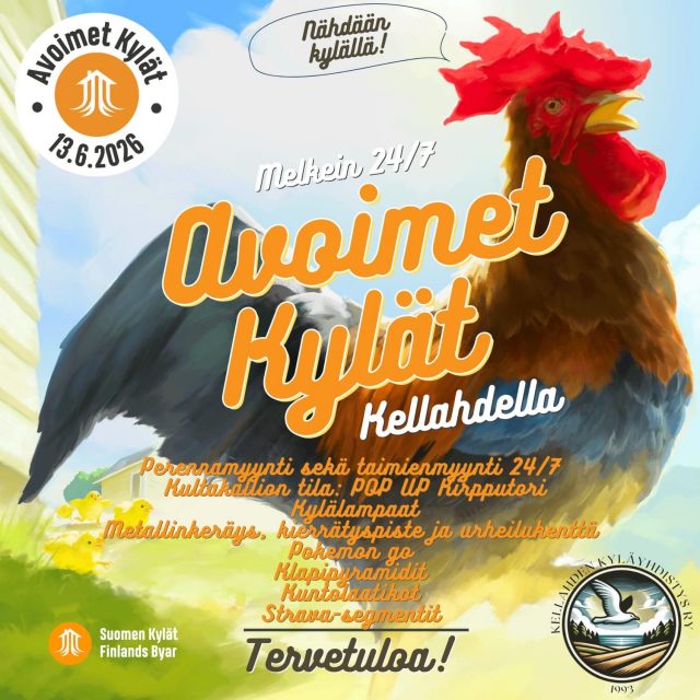 🌿🐓 AVOIMET KYLÄT 13.6.2026 – KELLAHTI 🐓🌿
Tänä vuonna Kellahden kyläaktiivit kiertävät tutustumassa muiden kylien Avoimet Kylät -kohteisiin, mutta Kellahdella riittää silti nähtävää ja koettavaa lähes ympäri vuorokauden!
📍 Kellahdella voit tutustua esimerkiksi seuraaviin kohteisiin:
🌸 Perennojen ja taimien myynti 24/7
• Itsepalvelu
• Maksu MobilePaylla tai käteisellä
• Saatavilla perennoja, taimia ja puita
📍 Teelperintie 5 (Kellahden Kartanon vieressä)
🛍️ Kultakallion tilan POP UP -kirpputori
📍 Kellahden Rantatie 630
🕛 Avoinna päivittäin klo 12–18
☕ Löytöjen lisäksi voit nauttia kahvit idyllisessä maalaismaisemassa.
💳 Maksutavat: käteinen, MobilePay ja korttimaksu
🐑 Kylälampaat
Kellahden Kartanon lampaat asustelevat kartanon alueella ja heitä pääsee moikkaamaan kartanon parkkipaikan läheisyydestä.
⚽ Urheilukenttä ja lasten leikkipuisto
Vapaasti käytettävissä 24/7.
💪 Kuntolaatikot 24/7
Liiku silloin kun sinulle sopii. Osallistujien kesken arvotaan palkintoja, kuten uimalippuja.
🚴 Strava-segmentit
Kokeile vauhtiasi Kellahden suorilla maalaismaisemien keskellä.
🎮 Pokémon GO
Alueella on useita PokéStoppeja sekä Pokémon-sali.
🏛️ Klapipyramidit
Klapipyramideja pääsee ihailemaan sekä Kellahdentieltä että Kellahden kylätieltä.
♻️ Kierrätyspiste ja metallinkeräys
Pidetään yhdessä kylä siistinä ja materiaalit hyötykäytössä.
🚴♀️ Pyöräilijöille
Kellahden Kyläyhdistys, Selkämeren Elämysreitti ja Kellahden Kartano ovat toteuttaneet uuden vaihtoehtoisen reitin Selkämeren Elämysreitille.
Huomioithan, että reitti on osittain päällystämätön, mutta hyväkuntoinen ja hyvin pyöräiltävissä.
🌿 Tervetuloa tutustumaan Kellahdelle, tekemään löytöjä, liikkumaan ja nauttimaan kylän kesäisestä tunnelmasta!
Psst! @kellahdenkartano aukeaa juhannuksen jälkeen!
Kellahden kylätalo on varattu yksityistilaisuuteen viikonloppuna. Varaa ny sääki: kellahdenkylatalo@gmail.com
Nähdään kyläl!