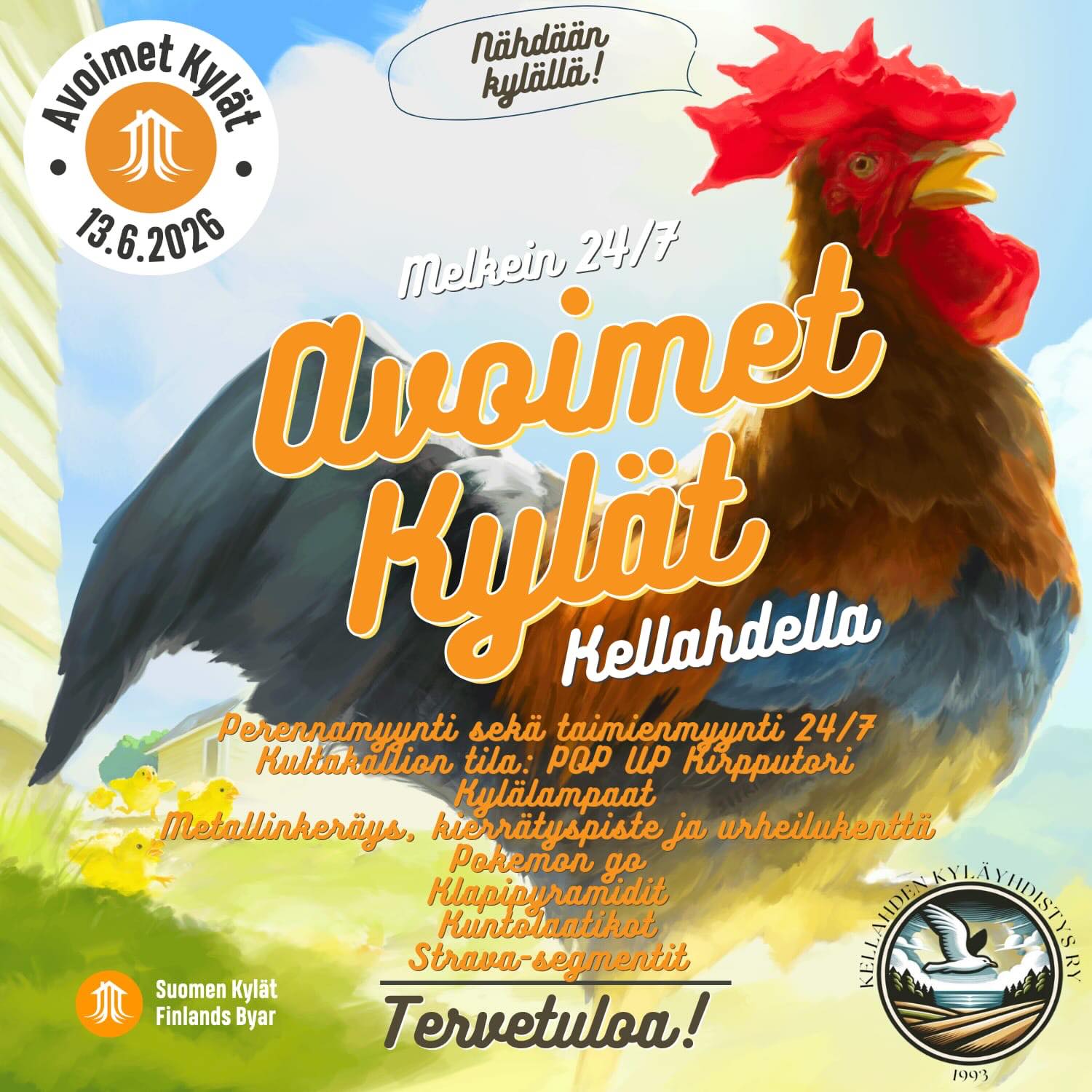 🌿🐓 AVOIMET KYLÄT 13.6.2026 – KELLAHTI 🐓🌿
Tänä vuonna Kellahden kyläaktiivit kiertävät tutustumassa muiden kylien Avoimet Kylät -kohteisiin, mutta Kellahdella riittää silti nähtävää ja koettavaa lähes ympäri vuorokauden!
📍 Kellahdella voit tutustua esimerkiksi seuraaviin kohteisiin:
🌸 Perennojen ja taimien myynti 24/7
• Itsepalvelu
• Maksu MobilePaylla tai käteisellä
• Saatavilla perennoja, taimia ja puita
📍 Teelperintie 5 (Kellahden Kartanon vieressä)
🛍️ Kultakallion tilan POP UP -kirpputori
📍 Kellahden Rantatie 630
🕛 Avoinna päivittäin klo 12–18
☕ Löytöjen lisäksi voit nauttia kahvit idyllisessä maalaismaisemassa.
💳 Maksutavat: käteinen, MobilePay ja korttimaksu
🐑 Kylälampaat
Kellahden Kartanon lampaat asustelevat kartanon alueella ja heitä pääsee moikkaamaan kartanon parkkipaikan läheisyydestä.
⚽ Urheilukenttä ja lasten leikkipuisto
Vapaasti käytettävissä 24/7.
💪 Kuntolaatikot 24/7
Liiku silloin kun sinulle sopii. Osallistujien kesken arvotaan palkintoja, kuten uimalippuja.
🚴 Strava-segmentit
Kokeile vauhtiasi Kellahden suorilla maalaismaisemien keskellä.
🎮 Pokémon GO
Alueella on useita PokéStoppeja sekä Pokémon-sali.
🏛️ Klapipyramidit
Klapipyramideja pääsee ihailemaan sekä Kellahdentieltä että Kellahden kylätieltä.
♻️ Kierrätyspiste ja metallinkeräys
Pidetään yhdessä kylä siistinä ja materiaalit hyötykäytössä.
🚴♀️ Pyöräilijöille
Kellahden Kyläyhdistys, Selkämeren Elämysreitti ja Kellahden Kartano ovat toteuttaneet uuden vaihtoehtoisen reitin Selkämeren Elämysreitille.
Huomioithan, että reitti on osittain päällystämätön, mutta hyväkuntoinen ja hyvin pyöräiltävissä.
🌿 Tervetuloa tutustumaan Kellahdelle, tekemään löytöjä, liikkumaan ja nauttimaan kylän kesäisestä tunnelmasta!
Psst! @kellahdenkartano aukeaa juhannuksen jälkeen!
Kellahden kylätalo on varattu yksityistilaisuuteen viikonloppuna. Varaa ny sääki: kellahdenkylatalo@gmail.com
Nähdään kyläl!