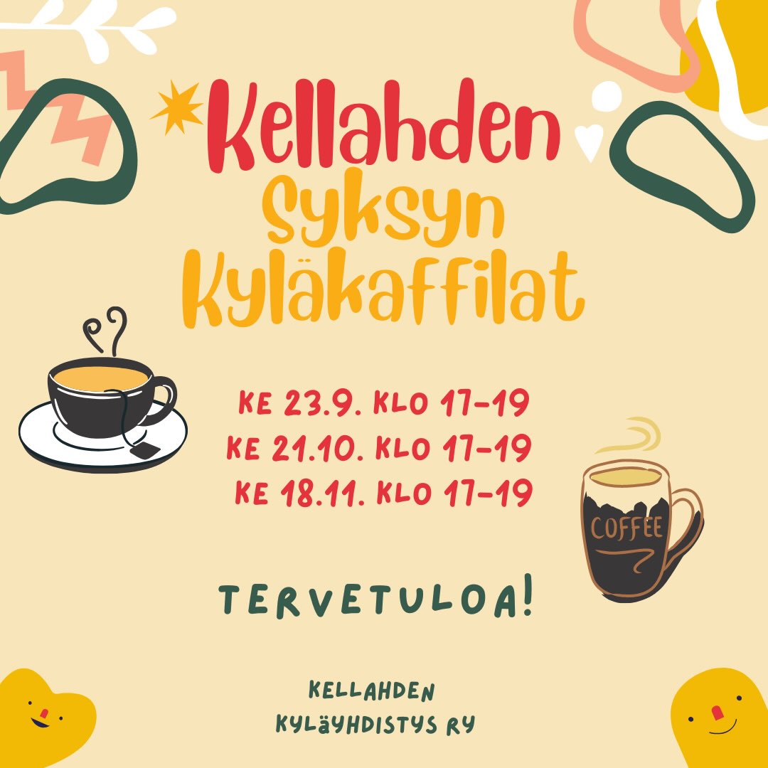 ☕ Kyläkaffilat Kellahdella, syksyn kolme kohtaamista! ❤️

Kellahden kylätalolla kokoonnutaan syksyllä kahvi- tai teekupin äärelle, vaihdetaan kuulumisia ja jutellaan ajankohtaisista aiheista. 

Jokaisella kerralla kylätalolla on avoimet ovet:

- kyläkirjasto on avoinna
- leikkitreffit lapsille
- kahvia, teetä ja esim. Porin Leivän tai Sarpin tuoretta kastamista
- vapaata seurustelua ja kyläkuulumisten vaihtoa

Kaikki kyläkaffilat klo 17–19

📍 Kellahden kylätalo, Kellahden Rantatie 23, Kellahti (Pori)

🍎 23.9. Kestävän kehityksen viikon kyläkaffila

Tuo omenasi Ahlaisten metsästysseuran keräilyperäkärryyn ja poikkea samalla kylätalolle teelle tai kahville! 🍏 Jutellaan kestävästä arjesta ja kierrätyksestä.

🌱🎃 21.10. Kompostointia ja syksyn kyläilta yhdessä KERÄÄMÖn kanssa

Syksy on hyvää aikaa laittaa kompostiasiat kuntoon! Tule kuulemaan käytännön vinkkejä kompostointiin ja kysymään neuvoja.

🎃 Tuo myös vanhat Halloween-koristeesi kylätalolle! Laitetaan tavarat kiertoon ja annetaan niille uusi elämä. 👻

🎄 18.11. Pikkujoulukyläkaffila

Joulumyyjäisten alla pikkujouluillaan! 
🎁✨ Luvassa joulun tunnelmaa, glökiä ja mukavaa yhdessäoloa. Virittäydytään yhdessä joulun odotukseen. ❤️

📅 23.9., 21.10. ja 18.11.

Tervetuloa mukaan ❤️

#kellahti #kellahdenkyläyhdistys #kyläkaffila #kellahdenkylätalo #keräämö