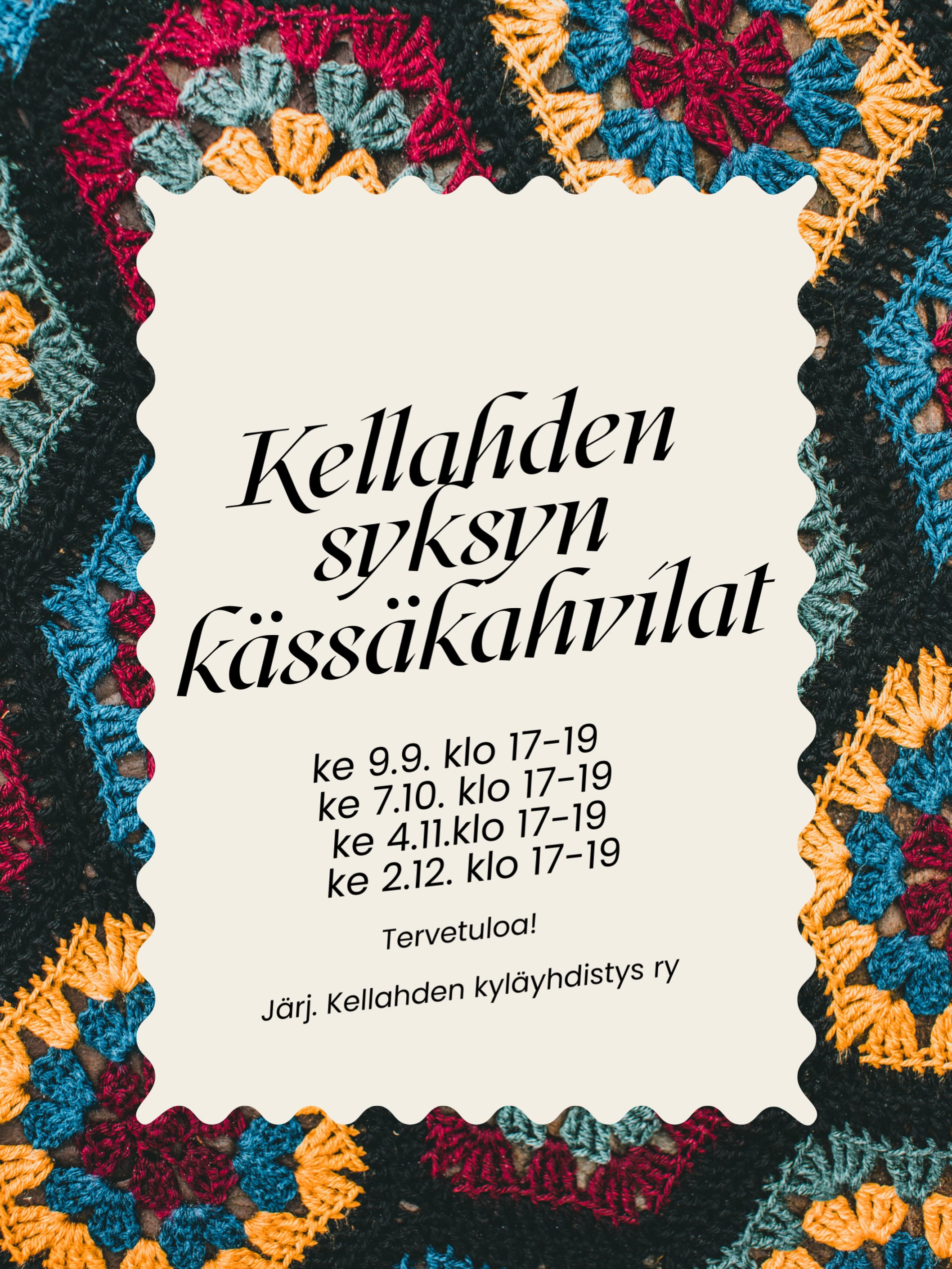 🧶🍂 Kässäkahvilat palaavat taas syksyn tullen Kellahdelle! 🍂🧶

Syyskausi avataan ke 9.9. klo 17–19.30 Kellahden kylätalolla avoimien ovien merkeissä! 🏡💛

📍 Kellahden kylätalo, Kellahden Rantatie 23, Kellahti (Pori)

Tule kahville, neulomaan, tekemään käsitöitä ja viettämään mukavaa iltaa yhdessä. Samalla pääset tutustumaan Kellahden kylätaloon, sen toimintaan ja tuleviin tapahtumiin.

✨ Syyskauden avajaisissa 9.9. mukana:

👤 Neulesuunnittelija ja -kirjailija Jonna Kalliomäki / JonDesigns
☕ Kahvittelua
🧶 Käsitöitä ja neulomista
🏡 Kellahden kylätalon avoimet ovet
🎉 Tulevien tapahtumien esittelyä
💛 Yhdessäoloa ja kohtaamisia
ℹ️ Tietoa kylätalon toiminnasta ja vuokrausmahdollisuuksista

Olitpa kokenut käsityöharrastaja tai vasta-alkaja, olet lämpimästi tervetullut mukaan! 💛 Lahjoitettuja lankoja on tarjolla valmiina. Mukaan tarvitset vain omat puikot tai muut tarvittavat tarvikkeet.

🧶 Kässäkahvilat jatkuvat syksyllä:

🍂 9.9. Syyskauden avaus

‼️ LA 19.9. NEULERETRIITTI ‼️
Kts. toisesta mainoksesta tarkemmat tiedot!

🧵 7.10. Kässäkahvila
🍁 4.11. Kässäkahvila
🎄 2.12. Kässäkahvila

Jokaisella kerralla luvassa rentoa käsillä tekemistä, kahvittelua, kohtaamisia ja yhdessäoloa. Voit tulla neulomaan, tekemään omaa käsityötäsi tai ihan vain kahville ja seurustelemaan. Mukaan voi tulla matalalla kynnyksellä, vaikka et tuntisi entuudestaan ketään. ❤️

Tule yksin, ystävän kanssa tai vaikka koko perheen voimin. Voit myös poiketa vain hetkeksi!

💛 Tilaisuudet ovat maksuttomia ja avoimia kaikille.

Tervetuloa mukaan tekemään käsillä ja kohtaamaan toisia! 🧶☕❤️

9.9. tilaisuus toteutetaan osana Satafood Kehittämisyhdistys ry:n ja Satakylät ry:n Kylätalot käyttöön -hanketta. Hanke on saanut Euroopan maaseuturahoitusta Lounais-Suomen elinvoimakeskuksen kautta. Tapahtuma on saanut myös Porin kaupungin tapahtuma-avustusta. 

Toimintamme kehittämistä tukee myös Porin kaupungin hyvinvoinnin ja terveyden edistämisen toiminta-avustus, joka on myönnetty Kellahden kyläyhdistys ry:lle. Lämmin kiitos tuesta! 💛

Lankoja olemme saaneet