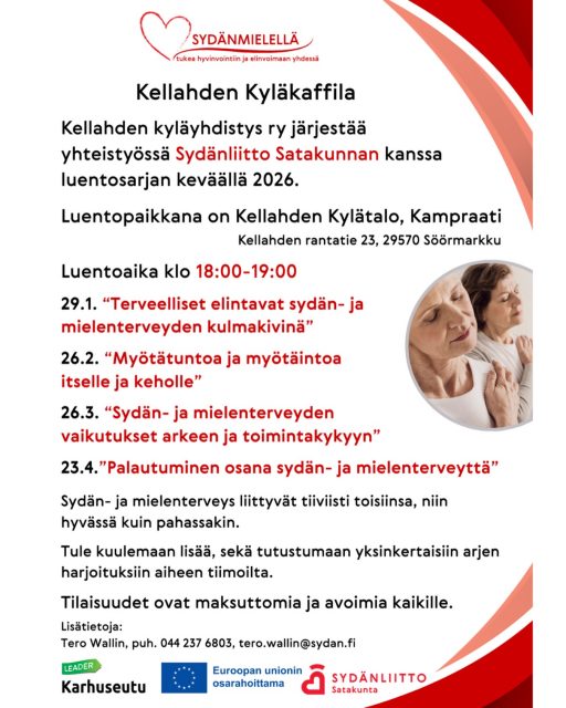 Kevään kyläkaffiloissa tulossa luentosarja sydän- ja mielenterveydestä.❤️🧠

Kevään jokaisessa kyläkaffilan luennolla on oma teema kuvan mainoksen mukaisesti.

👥 Luennot järjestävät Kellahden kyläyhdistys ry yhteistyössä Sydänliitto Satakunan kanssa.

📍 Kellahden rantatie 23 (Kellahden kylätalo)

Luennot ovat kaikille vapaita ja maksuttomia.✨

Lämpimästi tervetuloa kuulemaan tärkeistä asioista!🫂❤️