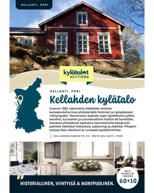 ✨ Kylätalot käyttöön, myös Kellahdella! – juhlat ja arki saman katon alla ✨

Kellahden kyläyhdistys ry on mukana Kylätalot käyttöön -hankkeessa, jossa nostetaan esiin satakuntalaisten kylätalojen monipuoliset mahdollisuudet 💚

Kylätalot tarjoavat upeat puitteet elämän tärkeisiin juhliin – häihin, syntymäpäiviin, ristiäisiin, sukujuhliin ja muihin merkkipäiviin. Ne ovat persoonallinen, luonnonläheinen ja usein myös kustannustehokas vaihtoehto perinteisille juhlatiloille.

Hankkeessa on nostettu esiin 20 kylätaloa eri puolilta Satakuntaa ja tuotettu niille laadukkaat markkinointimateriaalit yhdistysten omaan käyttöön. Tavoitteena on parantaa kylätalojen näkyvyyttä, käyttöastetta ja tuoda ne helpommin kaikkien saavutettaviksi.

Kylätalot eivät ole vain juhlia varten – ne soveltuvat mainiosti myös etätyöhön, kokouksiin ja koulutuksiin. Monikäyttöiset kylätalot vahvistavat kylien elinvoimaa ja yhteisöllisyyttä ympäri vuoden 🤍

#kylätalotkäyttöön #kellahdenkyläyhdistys #kylätalot #yhteisöllisyys #satakunta

@satakylät
@satafood
@kylatalotkayttoon
@juhlatsatakunnassa