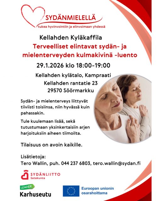 Torstain kyläkaffilassa luvassa terveelliset elintavat sydän- ja mielenterveyden kulmakivinä -luento❤️🧠

👥Luennon järjestävät Kellahden kyläyhdistys ry yhteistyössä Sydänliitto Satakunan kanssa.

Luento on kaikille vapaa ja maksuton.

Kyläkaffila:
🗓 To 29.1.2026
🕕 17-19 (luento 18-19)

☕
Kahviloissa on tarjolla kaksi erilaista kyläteen makua – tule maistamaan ja valitse suosikkisi. Teetä voi nauttia paikan päällä tai ostaa kotiin vietäväksi. 🌿✨

Lisäksi tarjolla aina jotain pientä ostettavaa kahvin, teen sekä Tripin/mehun kera.

📚 Myös kyläkirjasto on avoinna – tule lainaamaan, palauttamaan tai tekemään uusia kirjavinkkilöytöjä.

Tule piipahtamaan kahville, tapaamaan tuttuja ja uusia kyläläisiä tai vain nauttimaan tunnelmasta.

Lämpimästi tervetuloa!❤️

#kellahti #kellahtikjällfjärd #kellahdenkylätalo #kellahdenkyläyhdistys #sydänliitto 

@satakylat 
@kylatalotkayttoon