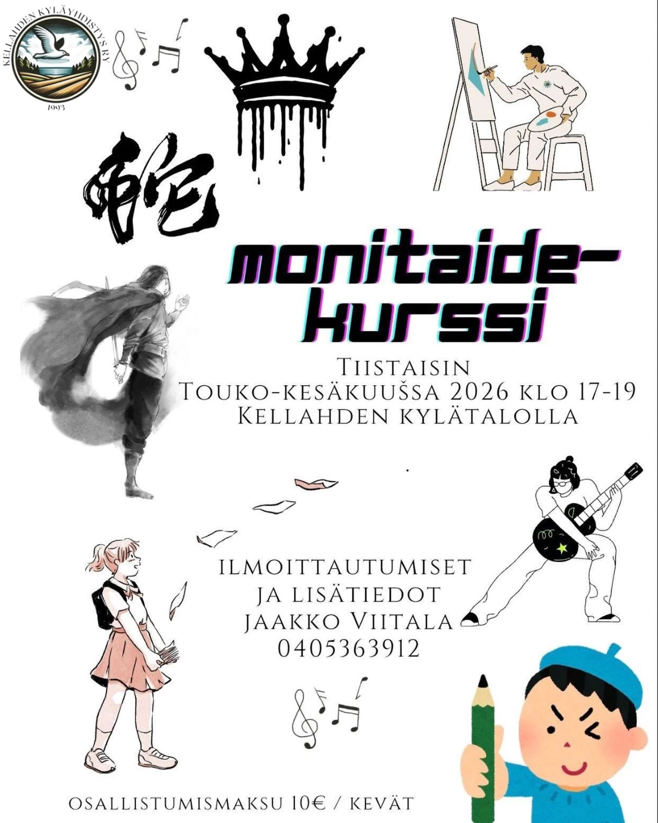 🎨🎶 MONITAIDEKURSSI KELLAHDEN KYLÄTALOLLA 🎶🎨

Nyt vielä keväällä 2026 starttaa monipuolinen ja rento monitaidekurssi, jossa pääsee kokeilemaan mm. musiikkia, piirtämistä, maalaamista, kirjoittamista ja luovaa ilmaisua hyvässä seurassa! ✨

📍 Kellahden kylätalo 
🗓️ 26.5.–30.6.2026 
🕔 Tiistaisin klo 17–19 

💶 Osallistumismaksu 10 € / kevät

👉 Kurssille ei ole ikärajoja – kaikki kiinnostuneet ovat tervetulleita mukaan!

❤️ Vuorineuvos Erik Rosenlewin säätiö on syksyn 2025 apurahakierroksella myöntänyt Kellahden Kyläyhdistys ry apurahan. Apuraha on myönnetty käytettäväksi hakemuksessa mainittuun ”Lasten ja nuorten musiikkiharrastuksen käynnistäminen ja vakiinnuttaminen maaseudulla” -tarkoitukseen.

📞 Ilmoittautumiset ja lisätiedot: 
Jaakko Viitala 
040 536 3912

Kurssin järjestää Kellahden Kyläyhdistys ry.

Tervetuloa mukaan tekemään, kokeilemaan ja löytämään omaa luovuutta! 

@satakylat 
@kylatalotkayttoon 

#kellahdenkyläyhdistys #kellahdenkylätalo