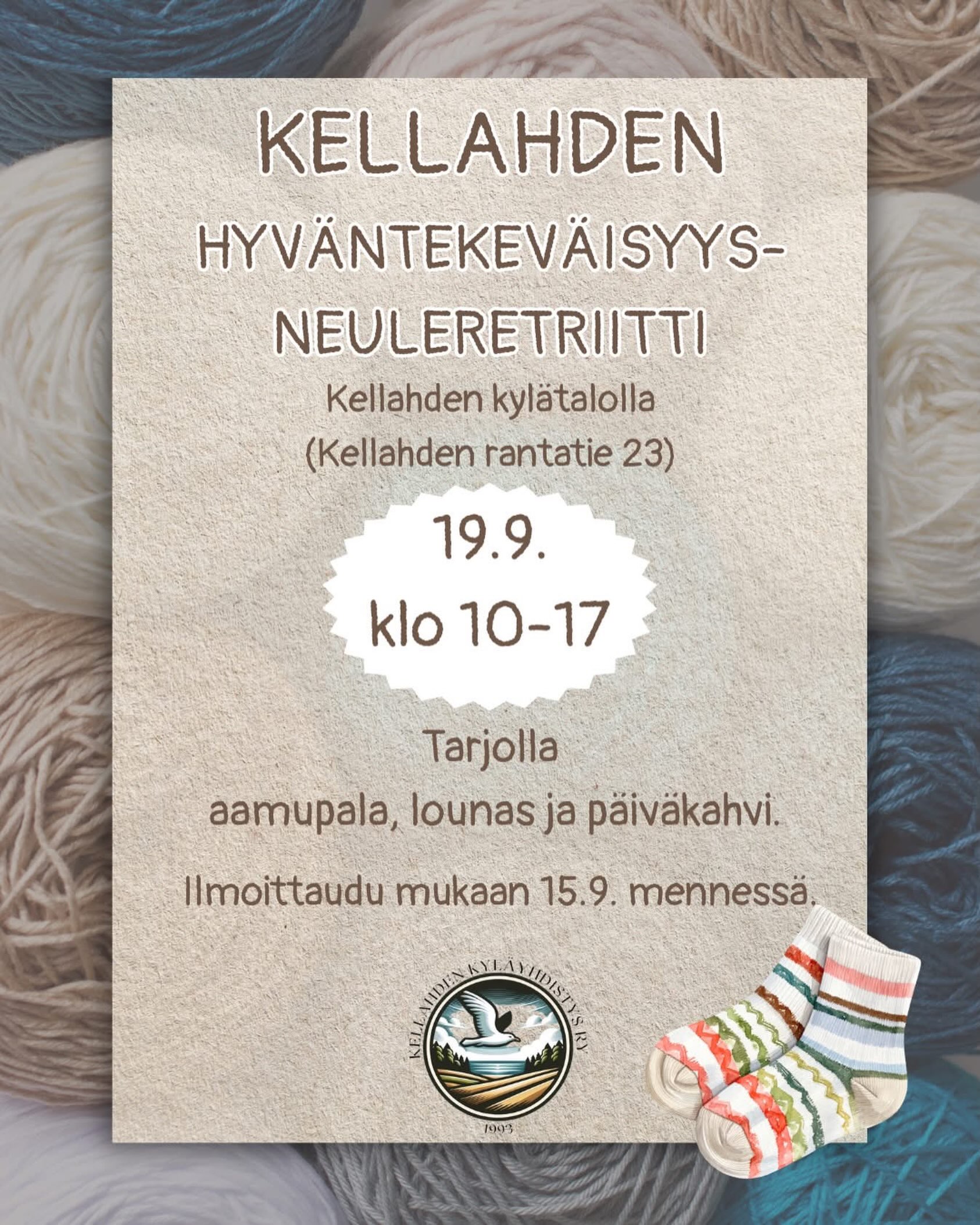 🧶 Hyväntekeväisyysneuleretriittiin mahtuu vielä mukaan! 💛

Lämmin kiitos kaikille jo ilmoittautuneille, tästä on tulossa ihana päivä yhdessä neuloen ja hyvää tehden. ❤️

Mukaan mahtuu kuitenkin vielä uusia osallistujia! Aiempaa neulontakokemusta ei tarvitse olla, vaan kaiken tasoiset neulojat ovat lämpimästi tervetulleita.

📅 Lauantaina 19.9.
⏰ klo 10–17
📍 Kellahden kylätalo, Kellahden rantatie 23

Päivän aikana neulotaan sukkia hyväntekeväisyyteen vauvoille ja aikuisille. Valmiit sukat lahjoitetaan mm. Asunnottomien yö -tapahtumaan, Satakunnan hyvinvointialueen aikuisten teho-osastolle sekä synnytysosastolle.

🧶 Lankoja löytyy runsaasti paikan päältä! Osa langoista on Novitan lahjoittamia, ja lisäksi olemme saaneet ilahduttavan määrän lankalahjoituksia yksityishenkilöiltä. Lämmin kiitos jokaiselle lahjoittajalle! 💕

Ota mukaan vain omat puikot ja muut tarvitsemasi tarvikkeet.

☕ Tarjolla aamupala, lounas ja päiväkahvi.

Osallistuminen on maksutonta. Halutessasi voit tukea tarjoiluja vapaaehtoisella “maksa mitä haluat” -MobilePay-maksulla.

📩 Ilmoittaudu mukaan viimeistään 15.9.:
bit.ly/kellahdenneuleretriitti

Tapahtuman järjestää Kellahden kyläyhdistys ry, ja se on saanut Porin kaupungin tapahtuma-avustusta.

🧵 Seuraa myös kuukausittaisten kässäkahviloidemme ajankohtia ja tule mukaan neulomaan, virkkaamaan tai vain nauttimaan mukavasta seurasta. Uudet harrastajat ovat aina tervetulleita!

Lämpimästi tervetuloa mukaan- jokainen silmukka merkitsee. 🧦💛