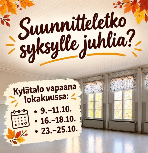 🍂 Suunnitteletko syksylle juhlia?
Kylätalo on vapaana vielä lokakuussa kolmena viikonloppuna:
📅 9.–11.10.
📅 16.–18.10.
📅 23.–25.10.
💶 Viikonloppuvuokra vain 150 €!
Tilava ja valoisa juhlatila sopii mainiosti esimerkiksi syntymäpäiviin, pikkujouluihin, perhejuhliin tai muihin syksyn tapahtumiin.🍁🧡
📩 Kysy lisää ja varaa oma viikonloppusi!
kellahdenkylatalo@gmail.com
📱 045 238 6450 (Päivi)
Yhteydenotot mieluiten sähköpostilla tai viestillä.
#kellahti #kellahdenkylätalo #vuokraus #kellahdenkyläyhdistys #kylätalo