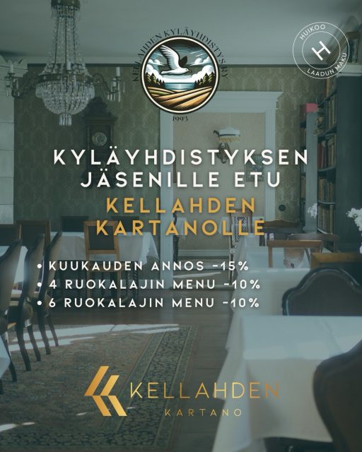 🍽️❤️ KELLAHDEN KYLÄLÄISEN KARTANOETU ❤️🍽️
Syksyllä herkutellaan oman kylän Kartanolla! 🏡
Kellahden kyläyhdistyksen jäsenille on luvassa yhteistyössä Kellahden Kartanon kanssa omat edut:
• Kuukauden annos –15 %
• 4 ruokalajin menu –10 %
• 6 ruokalajin menu –10 %
📅 À la carte -kausi jatkuu 28.11.2026 asti.
📌 Edun ehdot:
• Edut ovat henkilökohtaisia ja tarkoitettu Kellahden kyläyhdistyksen jäsenille, kassalta löytyy nimilista, henkilöllisyys tarkistetaan.
• Etuja ei voi yhdistää muihin alennuksiin tai tarjouksiin.
#kellahdenkartano #kellahdenkyläyhdistys #kellahti
