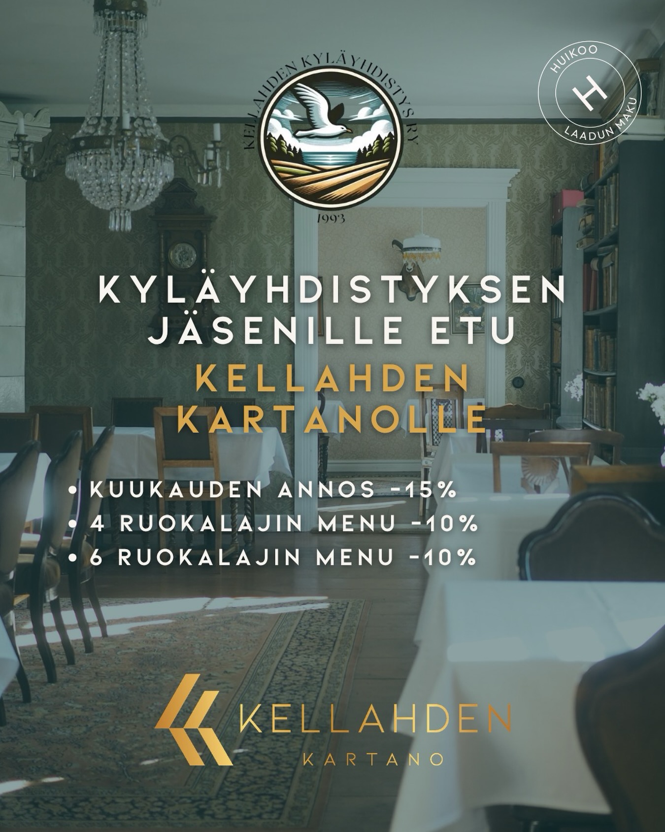 🍽️❤️ KELLAHDEN KYLÄLÄISEN KARTANOETU ❤️🍽️
Syksyllä herkutellaan oman kylän Kartanolla! 🏡
Kellahden kyläyhdistyksen jäsenille on luvassa yhteistyössä Kellahden Kartanon kanssa omat edut:
• Kuukauden annos –15 %
• 4 ruokalajin menu –10 %
• 6 ruokalajin menu –10 %
📅 À la carte -kausi jatkuu 28.11.2026 asti.
📌 Edun ehdot:
• Edut ovat henkilökohtaisia ja tarkoitettu Kellahden kyläyhdistyksen jäsenille, kassalta löytyy nimilista, henkilöllisyys tarkistetaan.
• Etuja ei voi yhdistää muihin alennuksiin tai tarjouksiin.
#kellahdenkartano #kellahdenkyläyhdistys #kellahti