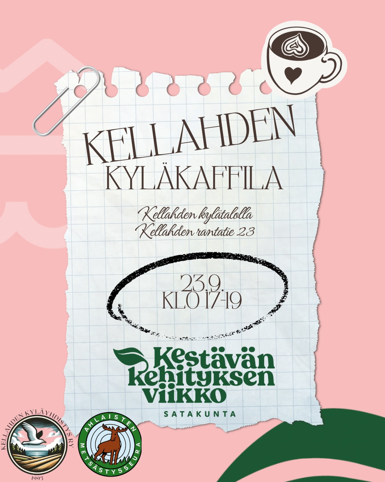 ☕🍎 Kellahden kyläkaffila- kestävän kehityksen viikon teemalla! 🌱
Tervetuloa Kellahden kylätalolle keskiviikkona 23.9. klo 17–19 kahvi- tai teekupin äärelle! ❤️
🍎 Tuo omenasi Ahlaisten metsästysseuran keräilyperäkärryyn!
Kylätalolla myös:
📚 Kyläkirjasto avoinna
🧸 Leikkitreffit lapsille
☕ Kahvia ja teetä sekä tuoretta kastamista esim. Porin Leivältä tai Sarpilta
❤️ Vapaata seurustelua ja kyläkuulumisten vaihtoa
📅 Keskiviikkona 23.9. klo 17–19
📍 Kellahden kylätalo, Kellahden Rantatie 23, Kellahti (Pori)
Tule piipahtamaan, vaihtamaan kuulumisia ja viettämään kestävän kehityksen viikkoa yhdessä! 🌱🍎☕❤️
#kellahti #kellahdenkyläyhdistys #kyläkaffila #kellahdenkylätalo #kestäväkehitys