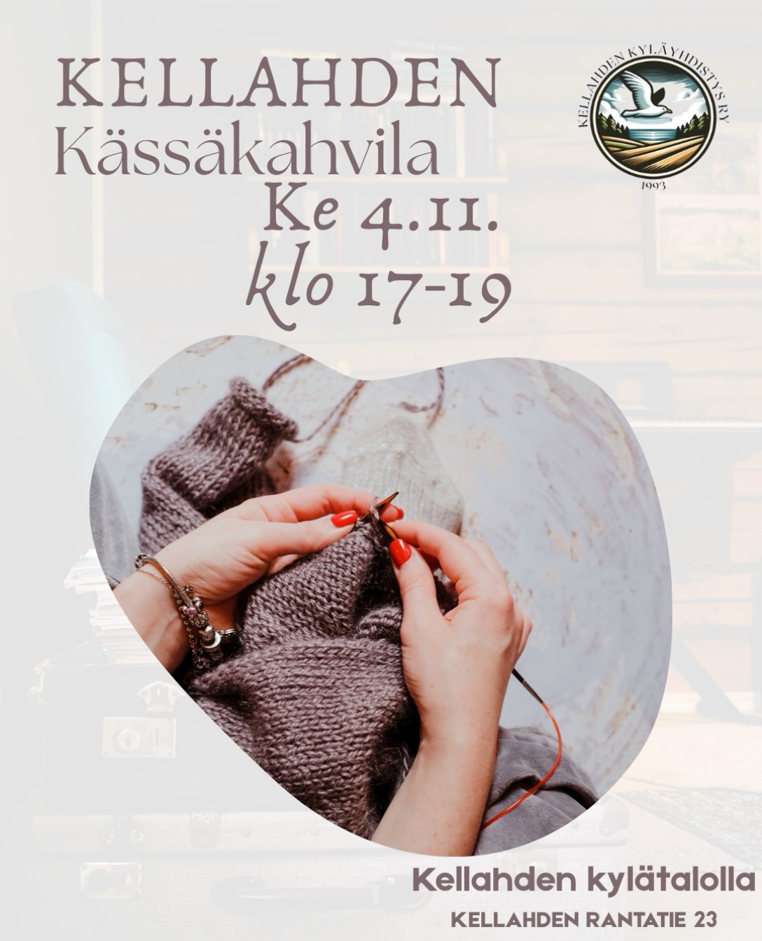 Tervetuloa kässäkahvilaan!🧶

📅 ke 4.11. klo 17-19

📍 Kellahden kylätalo, Kellahden rantatie 23

👥 Järjestää: Kellahden kyläyhdistys ry

✨ Tule kässäkahvilaan viettämään mukavaa iltaa käsitöiden, jutustelun ja kahvin/teen parissa! Ota oma työ mukaan tai inspiroidu muiden ideoista – tekemisen ja yhdessäolon ilo on tärkeintä. Kässäkahvila on itsessään maksuton (pieni kahvi/teeraha) ☺️✨

☕🍵 Tarjolla pientä ostettavaa kahvin, teen sekä Tripin/mehun kera. Lisäksi myynnissä on Kellahden omat kyläteet kahdessa maussa – maista tai vie kotiin!

📚 Myös kyläkirjasto on avoinna – tule lainaamaan, palauttamaan tai tekemään uusia löytöjä.

 Tervetuloa mukaan!💚

#kellahti #kellahdenkylätalo #kässäkahvila #kylätee #kyläkirjasto
@satakylat 
@kylatalotkayttoo