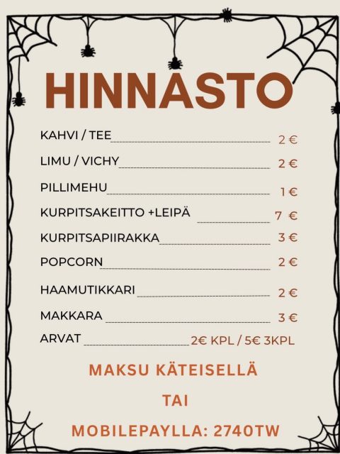 🎃 Kurpitsakeittoa, popcorneja ja muita herkkuja Kellahdella! 🍿

Mikä olisikaan parempi tapa lämmitellä syksyisen pyhäpäivän keskellä kuin herkullinen kurpitsakeitto ja leipä? 🧡 Tule nauttimaan syksyn mauista ja kurpitsan pehmeästä herkullisuudesta!

🍿 Popcornit kuuluvat tietenkin juhliin! Nappaa mukaan annos rapeaa naposteltavaa ja nauti halloween-tunnelmasta.

🌭 Makkaraa paistetaan ja myydään ulkona! Tule hakemaan lämmin makkara ulkoilun lomassa.

🌿 Myös erikoisruokavaliot on huomioitu, jotta mahdollisimman moni pääsee herkuttelemaan kanssamme.

Kyläkaffilan hinnasto:

☕ Kahvi / tee 2 €
🥤 Limu / vichy 2 €
🧃 Pillimehu 1 €
🎃 Kurpitsakeitto + leipä 7 €
🥧 Kurpitsapiirakka 3 €
🍿 Popcorn 2 €
👻 Haamutikkari 2 €
🌭 Makkara 3 €
🎟️ Arvat 2 €/kpl tai 3 kpl / 5 €

💶 Maksu käteisellä tai MobilePaylla 2740TW.

🪑 Herkuttele siellä, missä viihdyt! 🧡 Voit nauttia ostoksistasi kylätalon saleissa, kahviossa, ulkona tai Kampraatin puolella- valitse itsellesi sopiva paikka ja nauti kurpitsajuhlien tunnelmasta!

📍 Kellahden kylätalo, Kellahden Rantatie 23
📅 Lauantaina 31.10.2026 klo 14–17

Tervetuloa koko perheen voimin herkuttelemaan, nauttimaan halloween-tunnelmasta ja viettämään mukavaa syyspäivää yhdessä! 🧡

#kellahti #kellahtikjällfjärd #kurpitsajuhlatkellahdella
